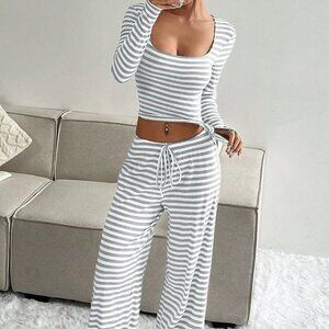 Casual Women's Striped Long Sleeve Top & Front Tie Pants Set lounge comfy